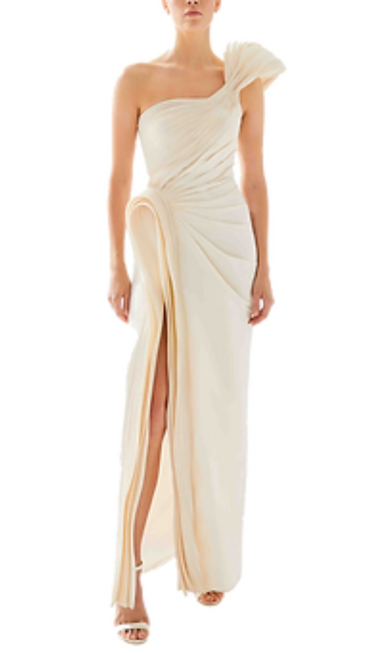 Tarik Ediz Emma Sculpted One-Shoulder Gown in Vanilla