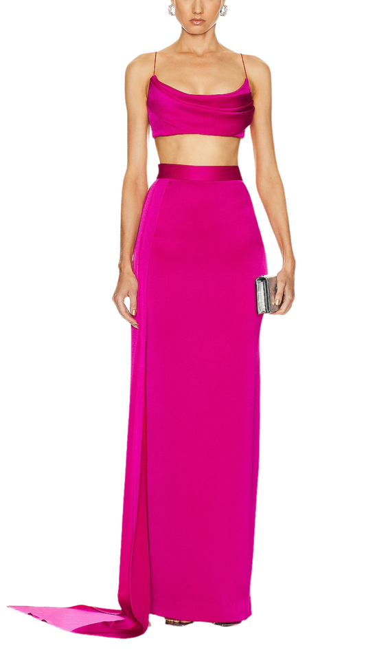 Alex Perry Drape Crop Top and Skirt in Fuchsia