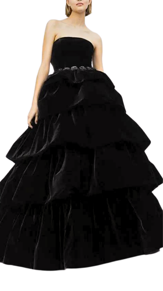 Style Lease Audrey Bustier Tiered Gown in Black Velvet