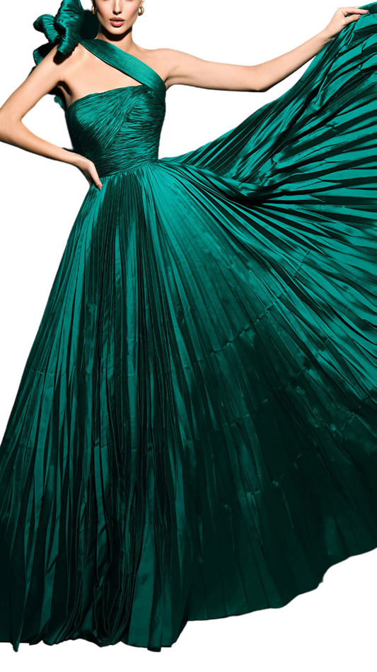 Tarik Ediz Spark Bow Pleated Gown in Green