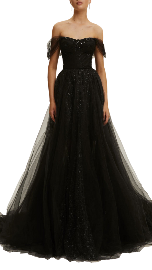 Milla Off-Shoulder Glitter Maxi Dress in Black