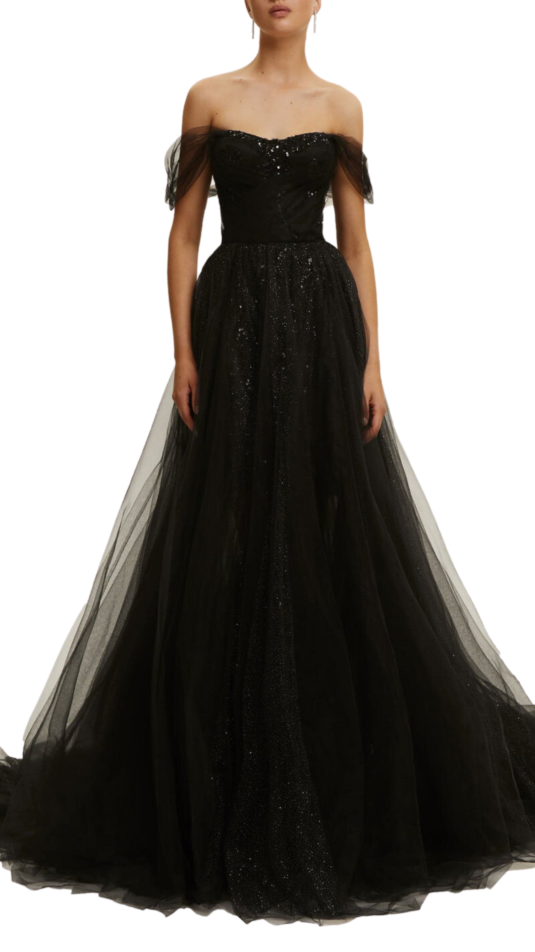 Milla Off-Shoulder Glitter Maxi Dress in Black